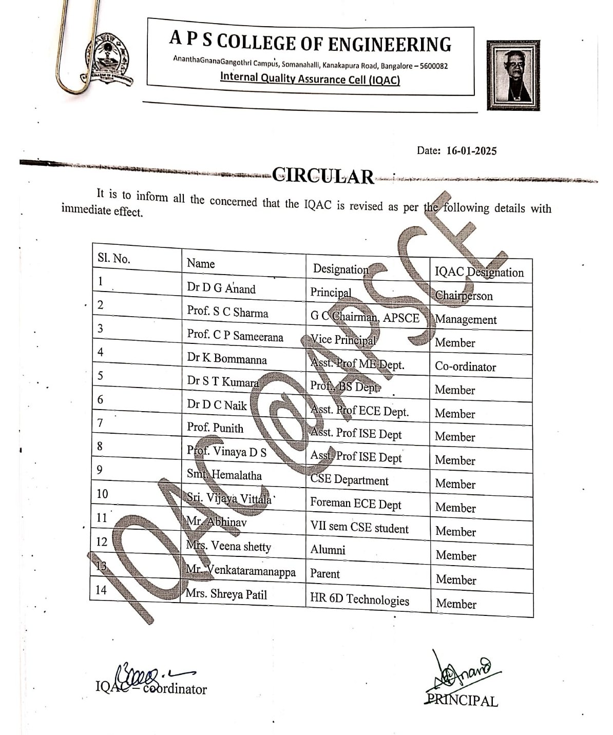 APSCE  Bangaore IQAC Committee